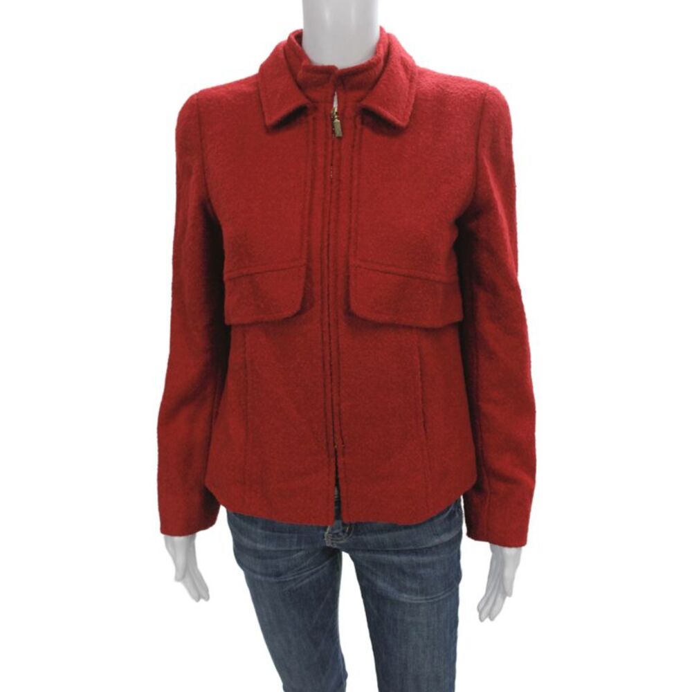 Oscar de la Renta Women Red Collared Zip Long Sleeve Wool Blend Jacket Size 6